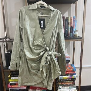 sage green tie skirt long sleeve shirt dress prettylittlething